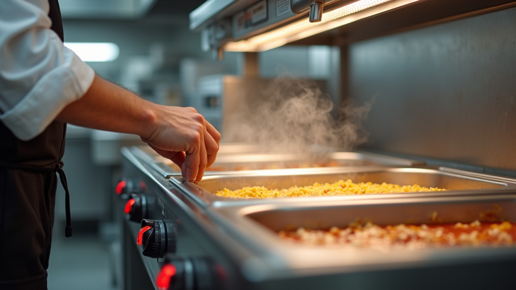 Bain-marie professionnel en inox dans une cuisine restaurant avec plats maintenus au chaud