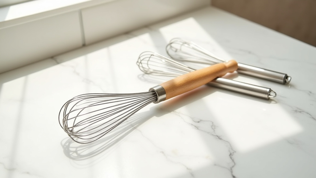 Collection de différents types de fouets de cuisine sur un plan de travail en bois