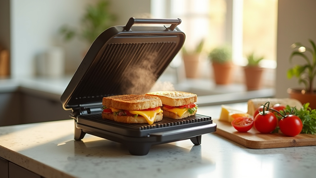 Préparation de différents aliments sur un grill panini ouvert