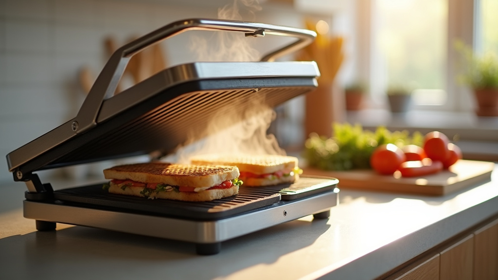 Grill panini moderne sur un plan de travail de cuisine avec des ingrédients à côté