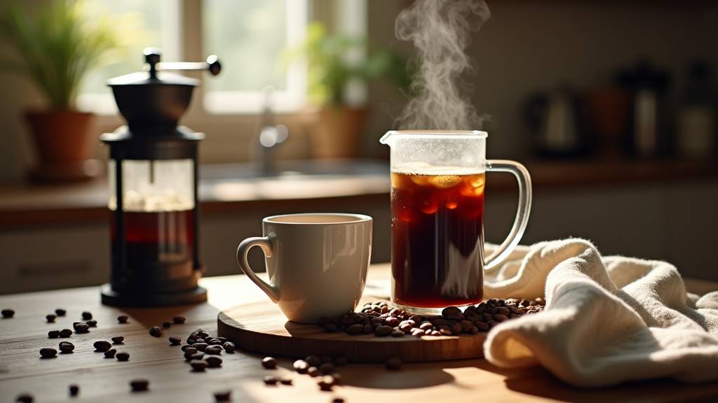 Cafetière à piston avec café moulu et grains de café