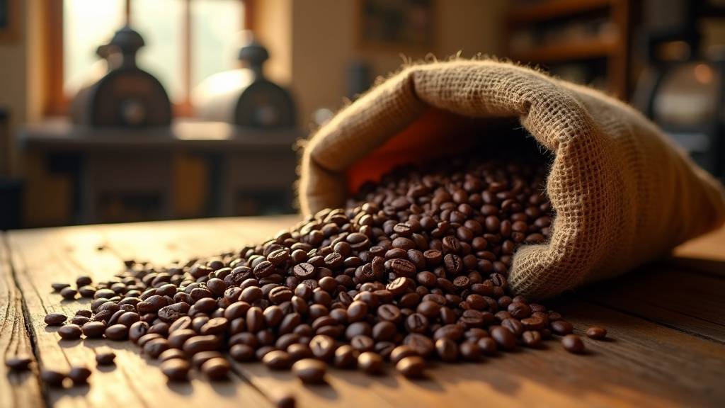 Atelier de torréfaction Cellini avec grains dorés et machine traditionnelle