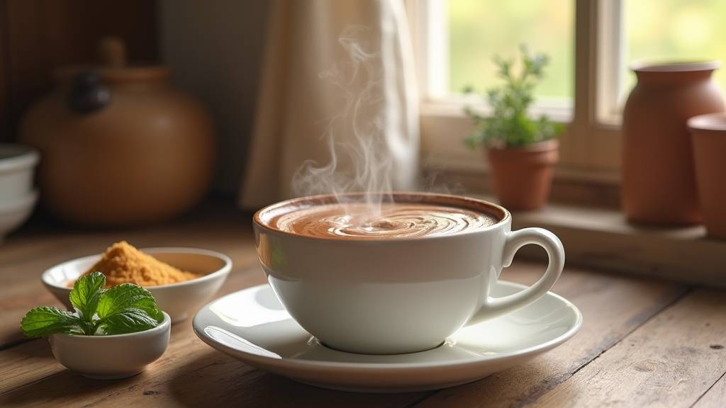 Chocolat bio à boire au caramel et sucre de canne dans une tasse fumante