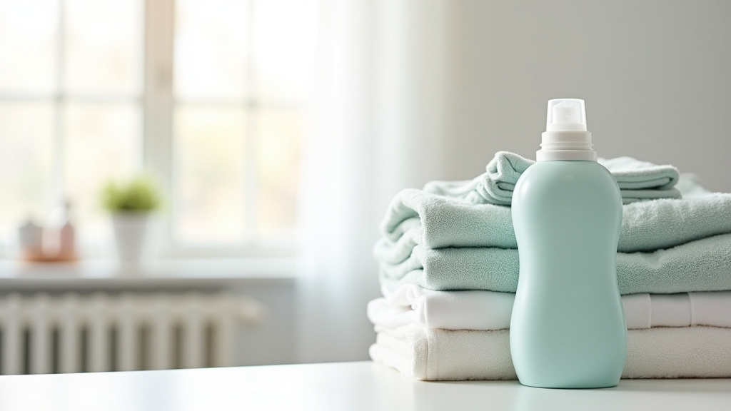 Bouteilles d'adoucissant Lenor dans différentes gammes alignées sur un plan de travail de cuisine