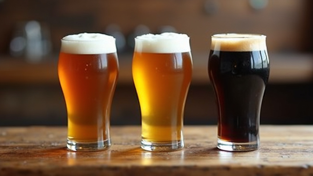 Une rangée de verres à bière différents, remplis de bières aux couleurs variées, posés sur une table en bois rustique, lumière naturelle
