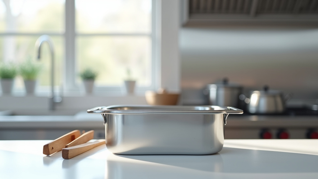 Technicien vérifiant les dimensions d'un bac en inox avec un calibre sur un plan de travail professionnel