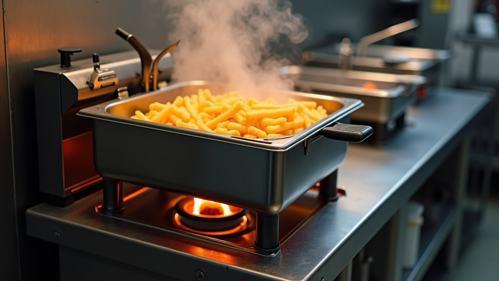 Friteuse à gaz professionnelle en action avec frites croustillantes
