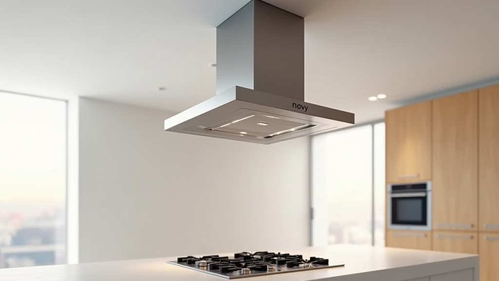 Point de vente Novy avec hotte îlot exposée et consultant en discussion avec client