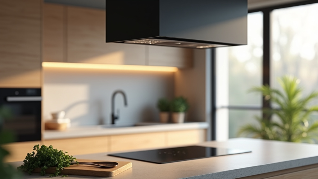 Hotte Novy intégrée dans une cuisine moderne avec finitions noires et éclairage LED