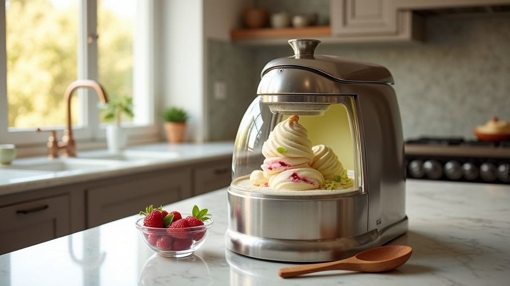 Machine à glace à l'italienne professionnelle en action, produisant une glace moelleuse et aérienne
