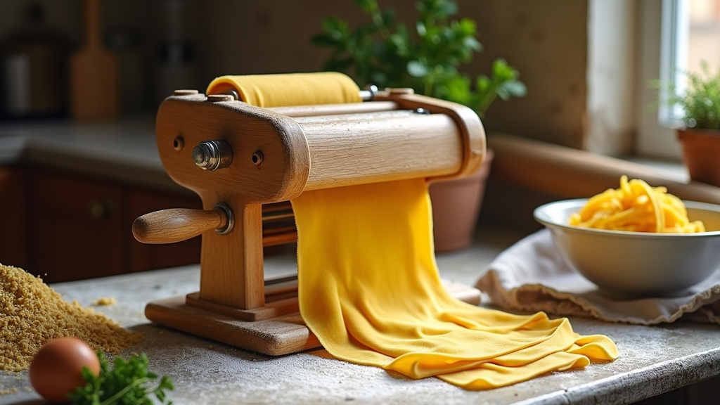 Main tenant une portion de pâtes fraîches faites maison avec des œufs et de la farine