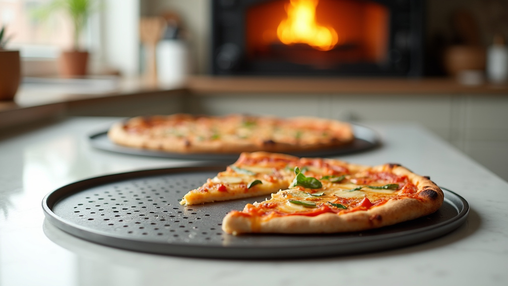 Une pizza maison parfaitement dorée et croustillante sur une plaque en acier, prête à être découpée