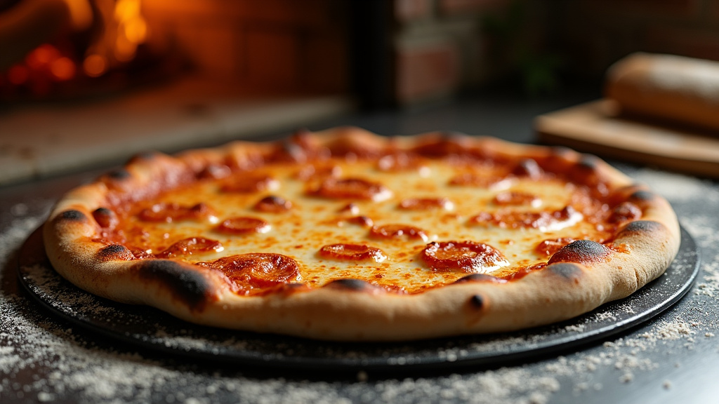 Une pizza croustillante sortant d'un four sur une pelle à pizza en bois