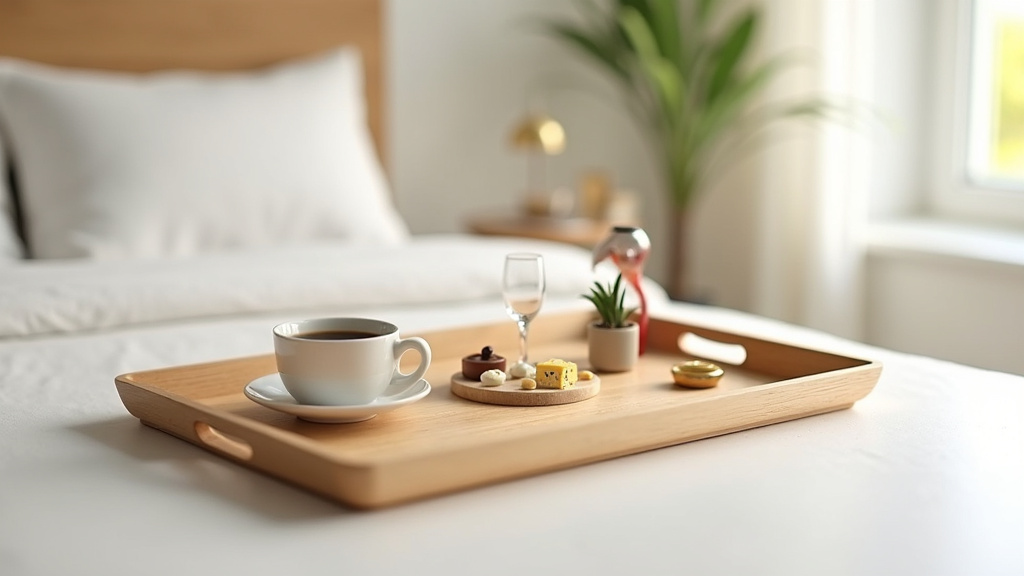 Plateau de service décoratif en bois avec bougies et objets d'art sur une commode