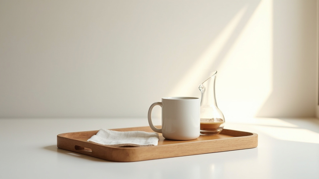 Plateau de service en bois avec tasse et croissants, sur une table de cuisine