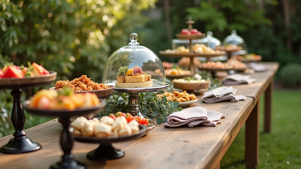 Présentoir de buffet élégant avec divers mets présentés de manière artistique