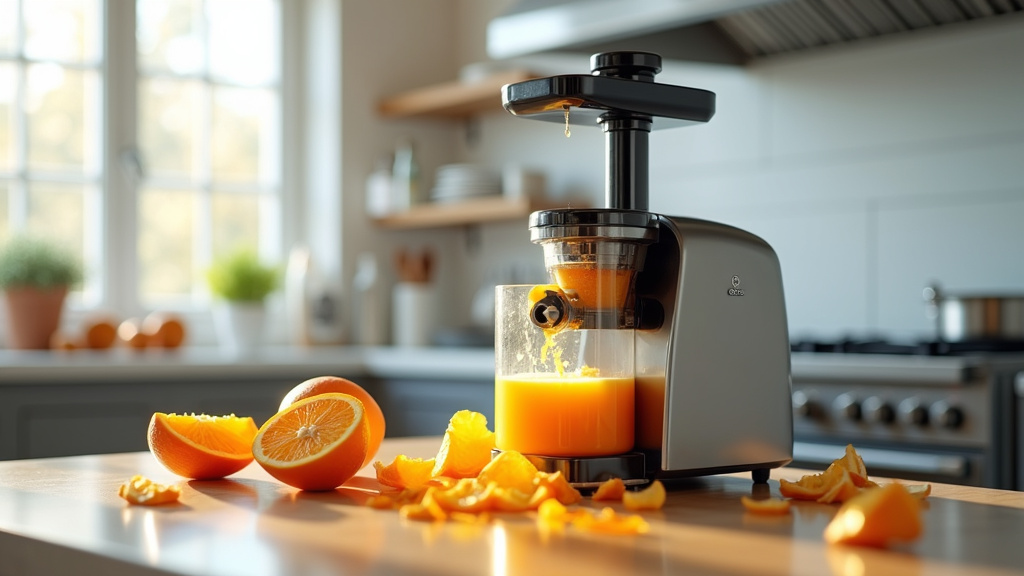 Détail technique d'une presse orange automatique avec système de rinçage intégré