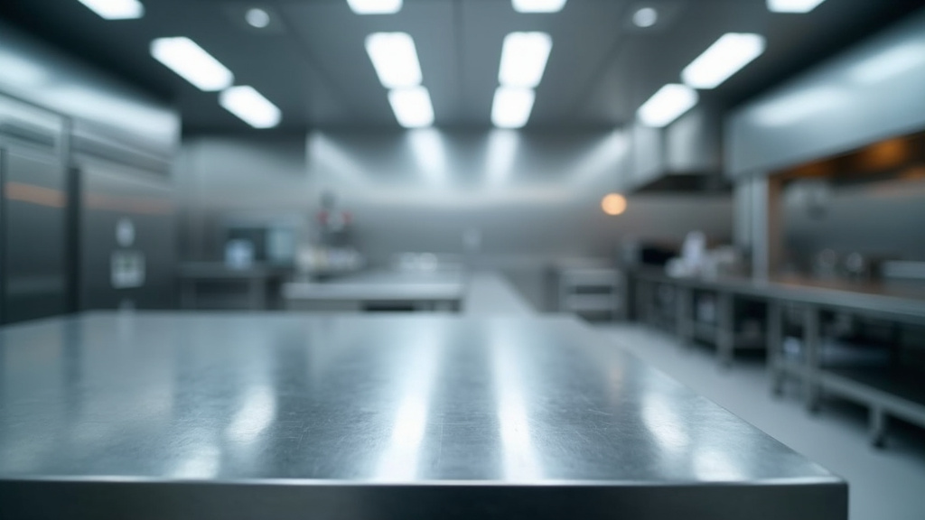 Cuisine professionnelle moderne avec tables inox et équipements de préparation
