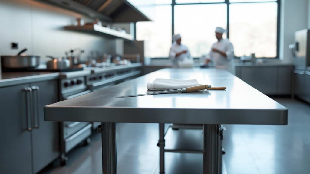 Table inox professionnelle dans une cuisine moderne avec ustensiles de cuisine