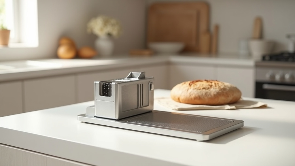 Trancheuse à pain professionnelle moderne en acier inoxydable sur plan de travail de cuisine