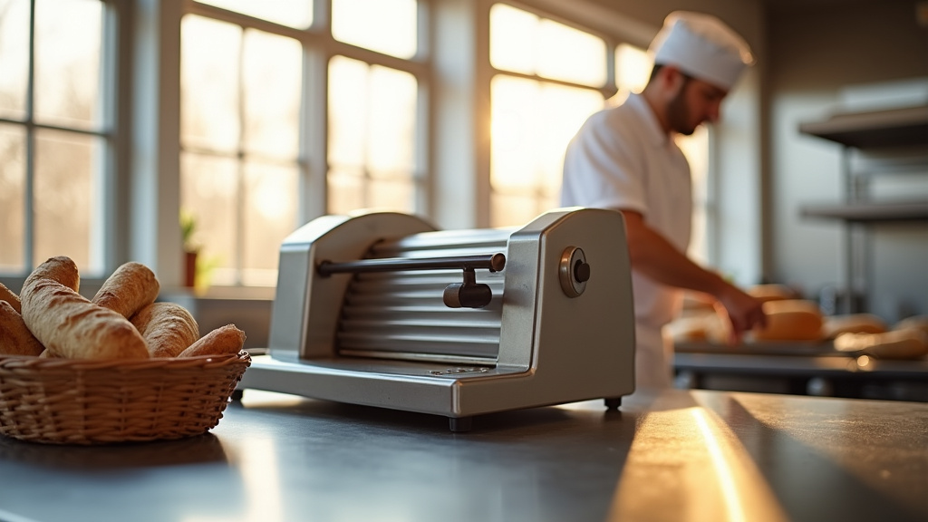 Trancheuse à pain professionnelle en acier inoxydable dans une boulangerie artisanale