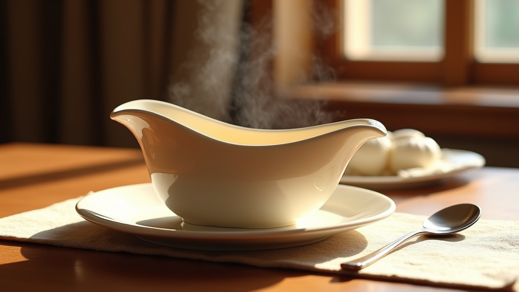 Différentes saucières en céramique et inox disposées sur une étagère de cuisine
