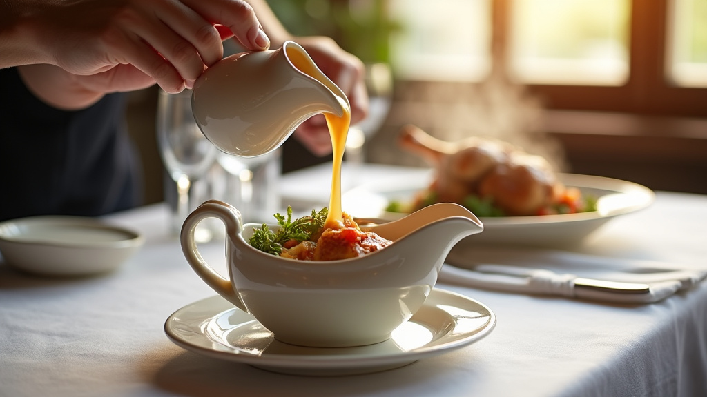 Saucière élégante en céramique posée sur une table de cuisine avec différentes sauces