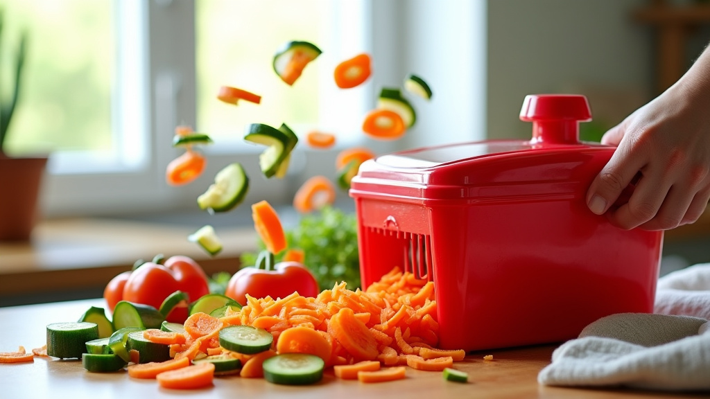 Différents types de coupe-légumes manuels disposés sur une table de cuisine