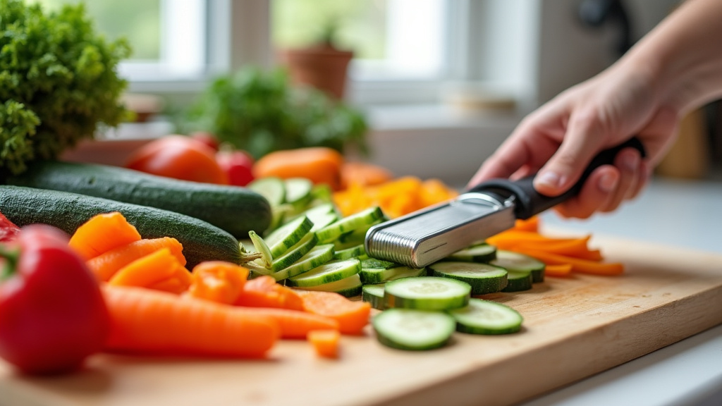 Légumes fraîchement coupés avec un coupe-légumes manuel sur une planche à découper