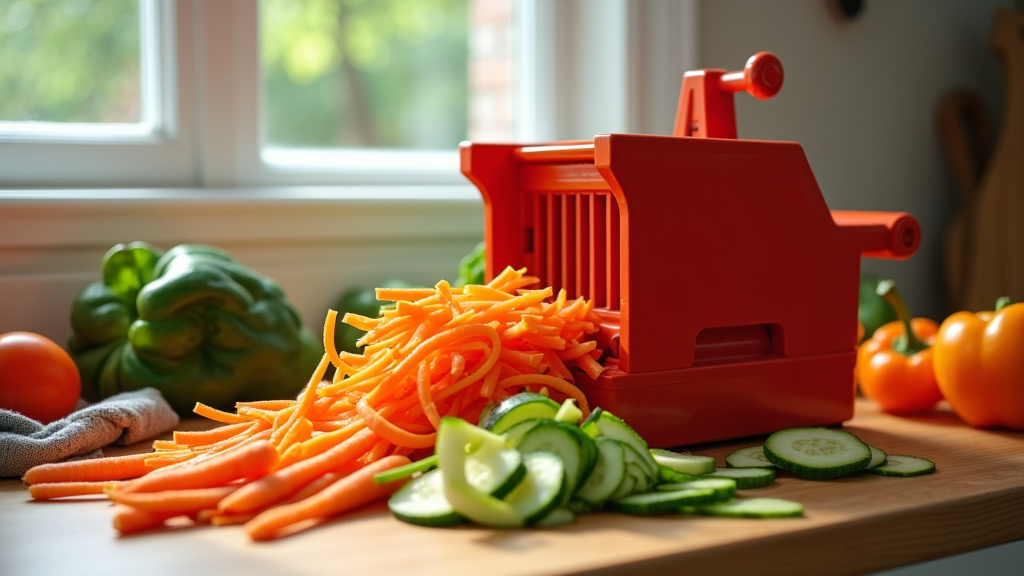 Coupe-légumes manuel sur un plan de travail avec différents légumes coupés