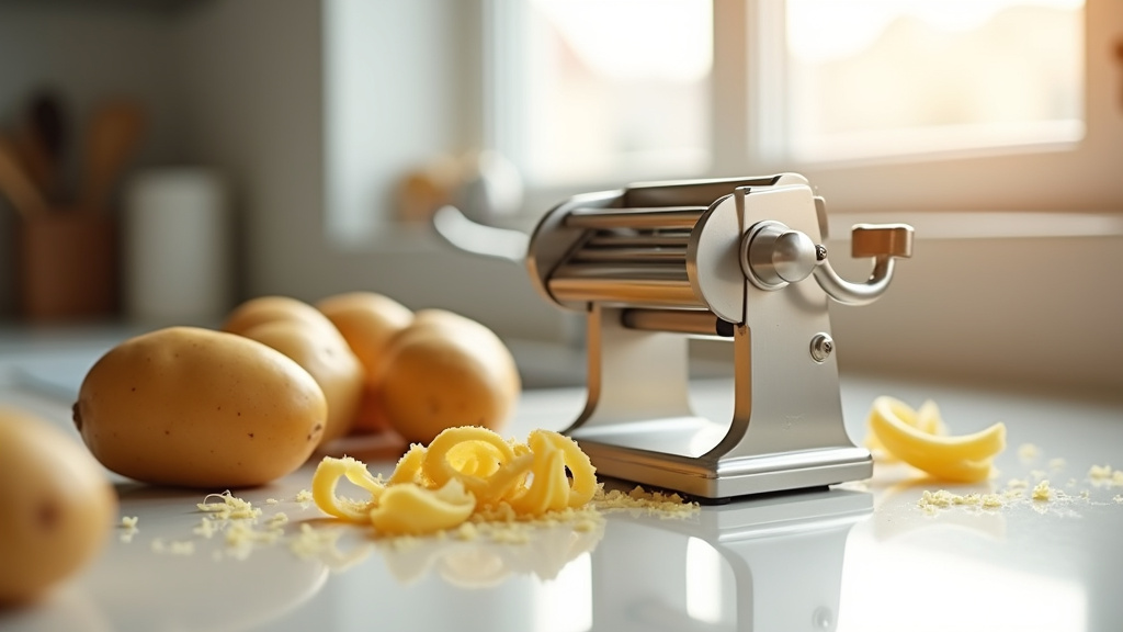 Éplucheuse à pommes de terre professionnelle en acier inoxydable dans une cuisine moderne