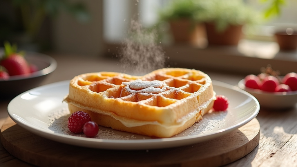 Gaufrier en forme de cœur sur une table de cuisine avec des gaufres dorées sortant de l'appareil