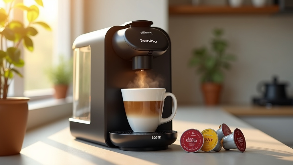 Collection de machines Tassimo Bosch avec leurs dosettes T DISC colorées alignées devant