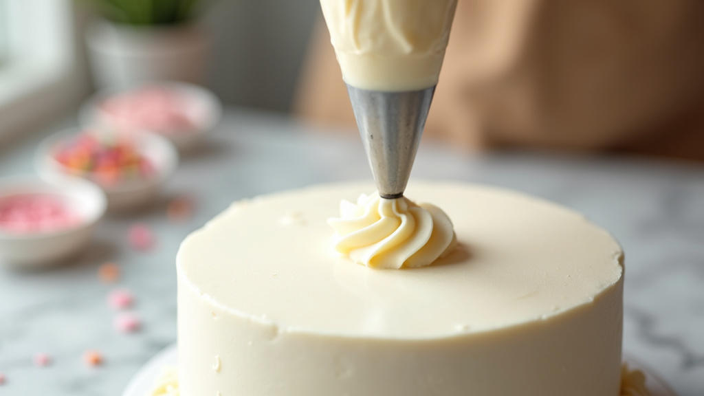 Douille pâtissière en acier inoxydable posée sur une surface de travail avec ingrédients de pâtisserie