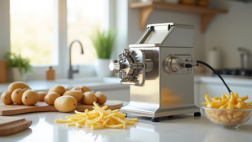 Détail d'un coupe-frites professionnel en action avec différentes grilles interchangeables