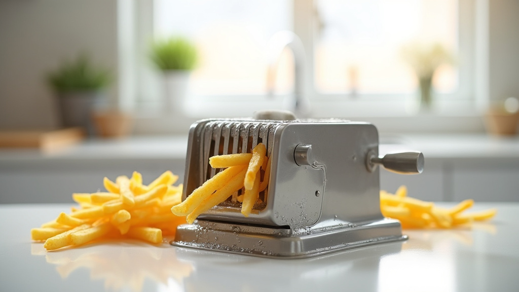 Détail technique d'un coupe-frites professionnel montrant la mécanique de coupe et les systèmes de sécurité