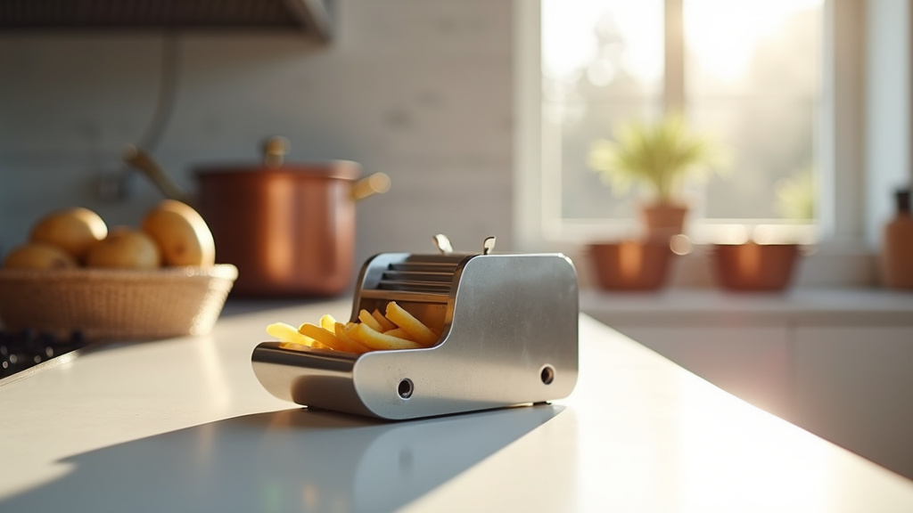 Coupe-frites professionnel en inox avec pommes de terre prêtes à être découpées