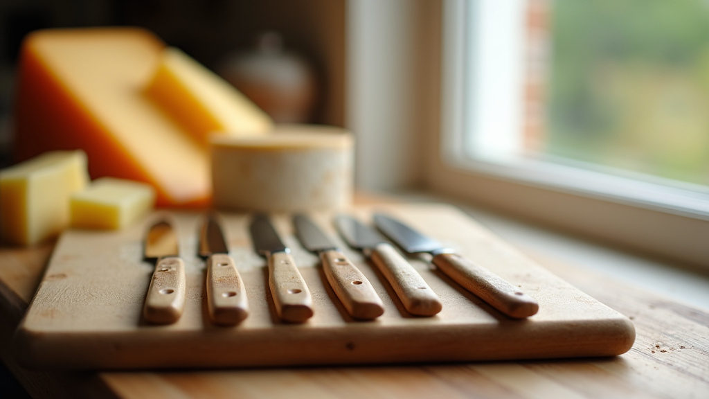 Collection organisée de couteaux à fromage de différents types sur un plateau en bois