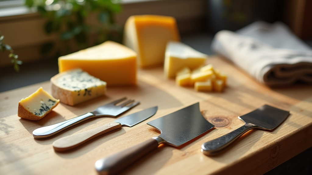 Assortiment de couteaux à fromage spécialisés sur un plateau de fromages variés