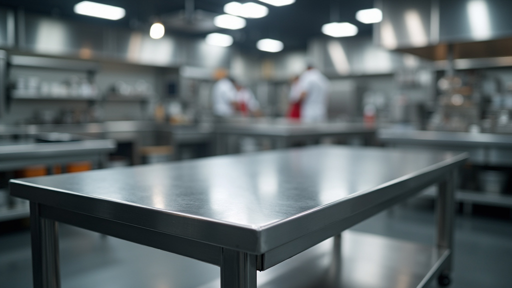 Vue d'ensemble d'une cuisine professionnelle équipée avec différentes tables en inox