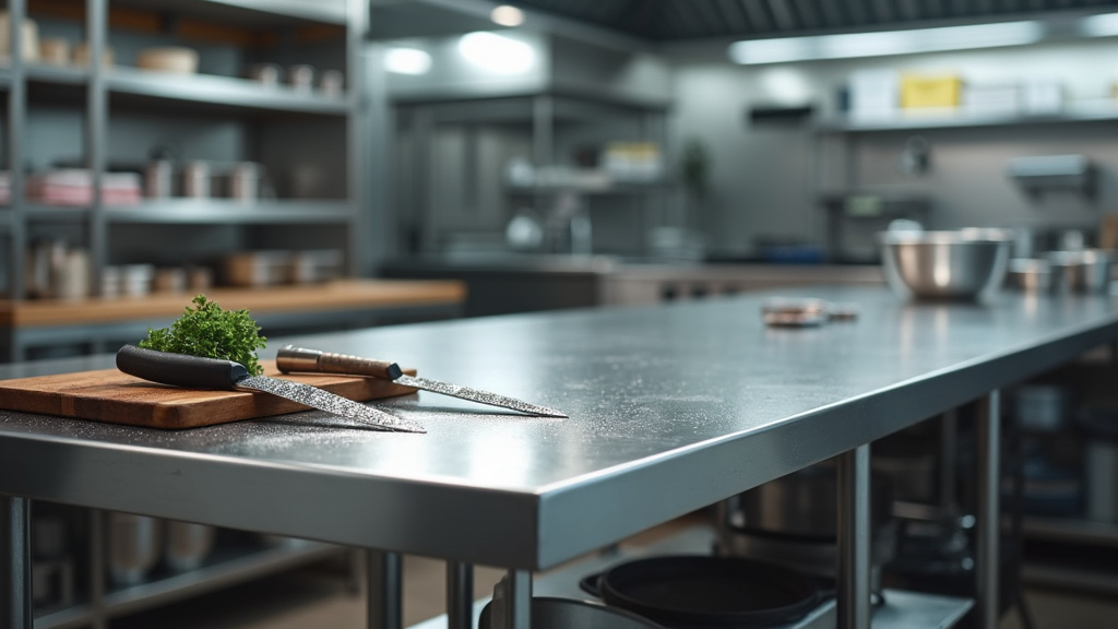 Table en inox professionnelle dans une cuisine restaurant moderne