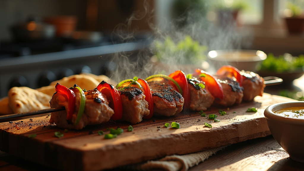Grill kebab maison avec viande juteuse et légumes grillés sur une plancha