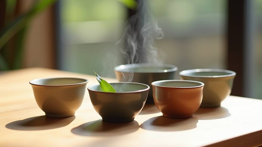 Ensemble de 5 tasses zen en céramique sur une table en bois