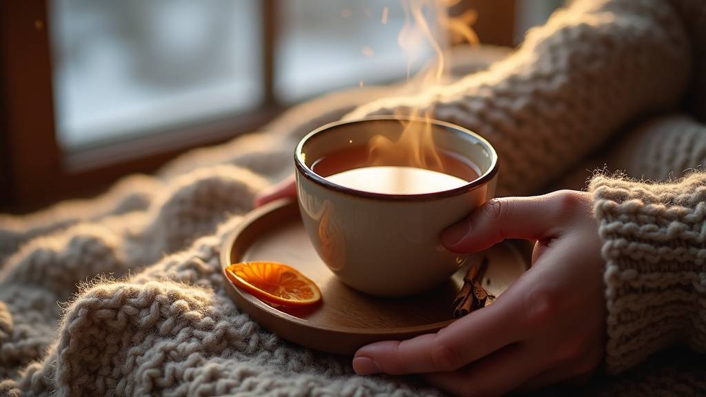 Tasse de thé fumante entourée d'épices et d'agrumes