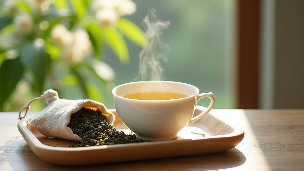 Tasse de thé vert jasmin bio avec fleurs de jasmin fraîches